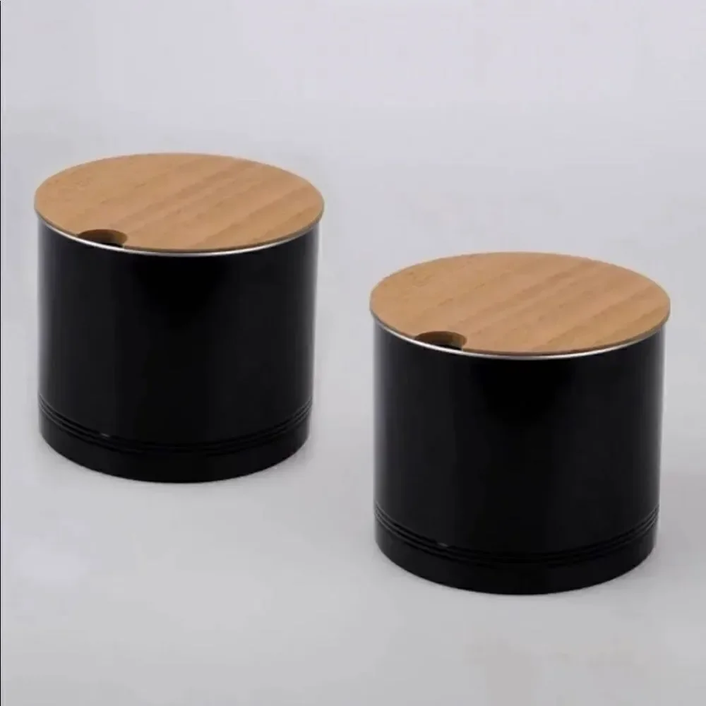 NWT New & Sealed Black Metal Aluminum with Wood Lid Storage Container Canister